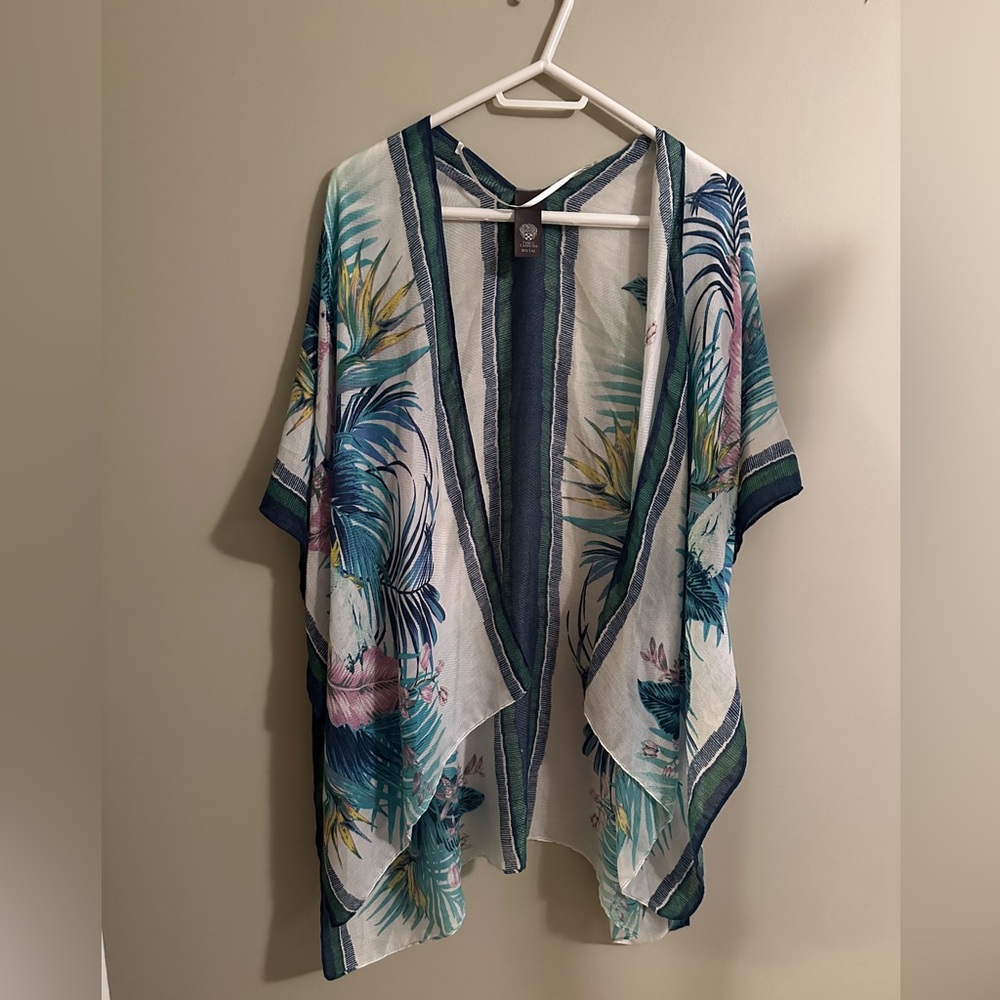 Floral/Parrots Kimono open cape shawl with Blue Trim by Vince Camuto